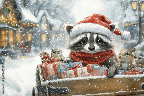 charming raccoon wearing Santa hat and red scarf pulls sled filled with colorful gifts, surrounded by playful squirrels in snowy winter scene photo