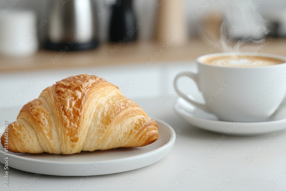 Delicious croissant and steaming latte: perfect breakfast combination Delicious croissant and steaming latte: perfect breakfast combination