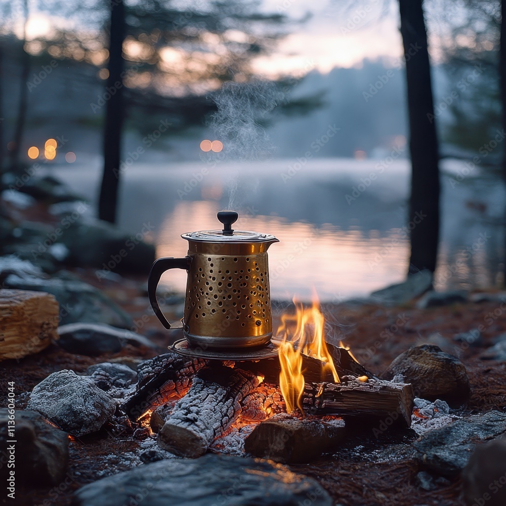 Hot coffee brewing in a percolator over a crackling campfire in the wilderness. Hot coffee brewing in a percolator over a crackling campfire in the wilderness.