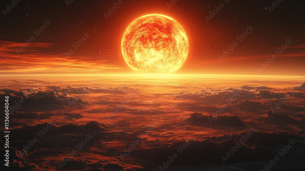 A distant alien planet with rugged terrain, illuminated by the fiery glow of a red giant star on the horizon A distant alien planet with rugged terrain, illuminated by the fiery glow of a red giant star on the horizon