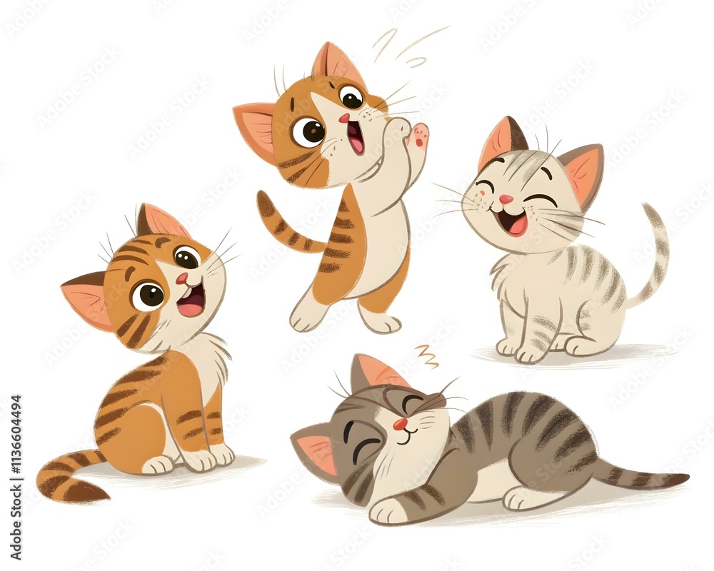 Obraz premium A set of adorable cartoon kittens in different playful poses, illustrated in a cheerful and colorful style. Perfect for children's books, educational projects, or creative designs.