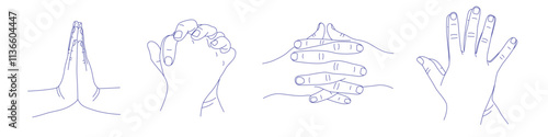 Handshake, namaste, crossed fingers, prayer. Set of hand gestures in various positions. Contour vector illustration. Index, middle, ring, little fingers and thumb