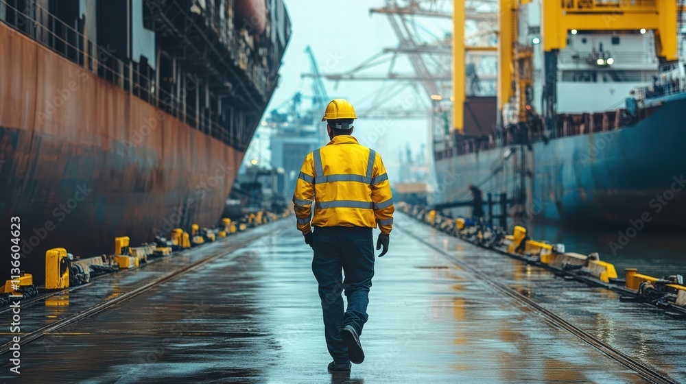 Fototapeta premium dockworker walking between cargo ships