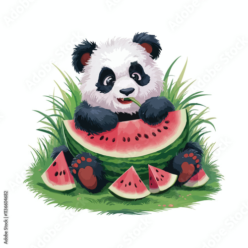 Cute little fluffy panda eating watermelon