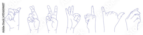 Set of hand gestures in various positions. Contour vector sketch illustration. Index, middle, ring, little fingers and thumb