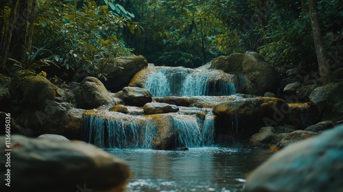 A waterfall is flowing into a small body of water. Generative AI