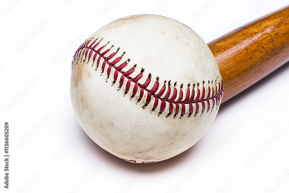 Selective focus baseball bat with baseball isolated on white background, Close up shot wooden baseball bat and ball on white.