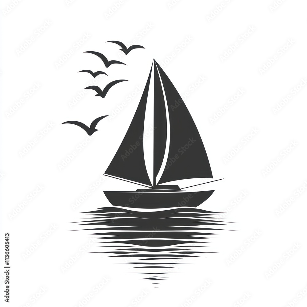 Sailboat silhouette on water with birds. Sailboat silhouette on water with birds.