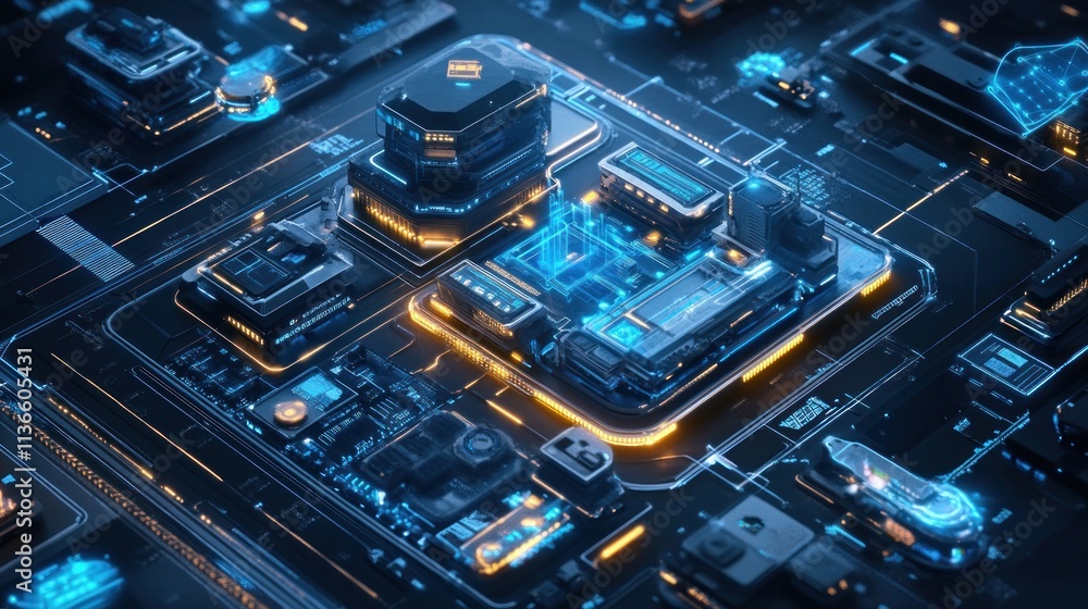 Futuristic city-like microchip with glowing circuits and components. Futuristic city-like microchip with glowing circuits and components.