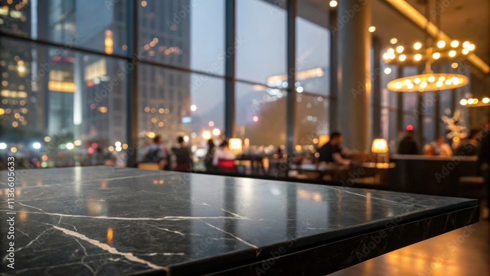 Empty marble table top with a blurred city view and warm lights reflecting on the surface Empty marble table top with a blurred city view and warm lights reflecting on the surface