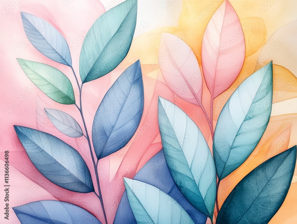 custom made wallpaper toronto digitalvalentine watercolor flowers charming concept, A colorful watercolor illustration of leaves in shades of blue, green, and pink, set against a soft, blended background.