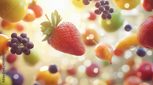 Fototapeta Naklejka Na Ścianę i Meble -  a bunch of various fruits floating through the air, bokeh, playful colorful vibe