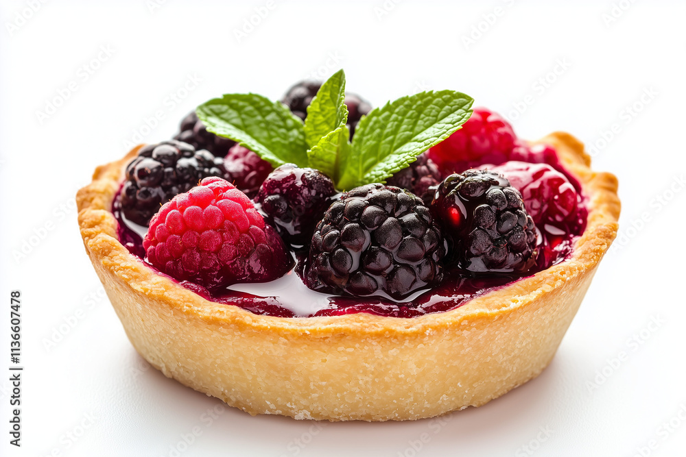Mixed berry with mint leaf cheese tart isolated on white background, Fresh baked blueberry, blackberry and raspberry jam pie tart on white. Mixed berry with mint leaf cheese tart isolated on white background, Fresh baked blueberry, blackberry and raspberry jam pie tart on white.