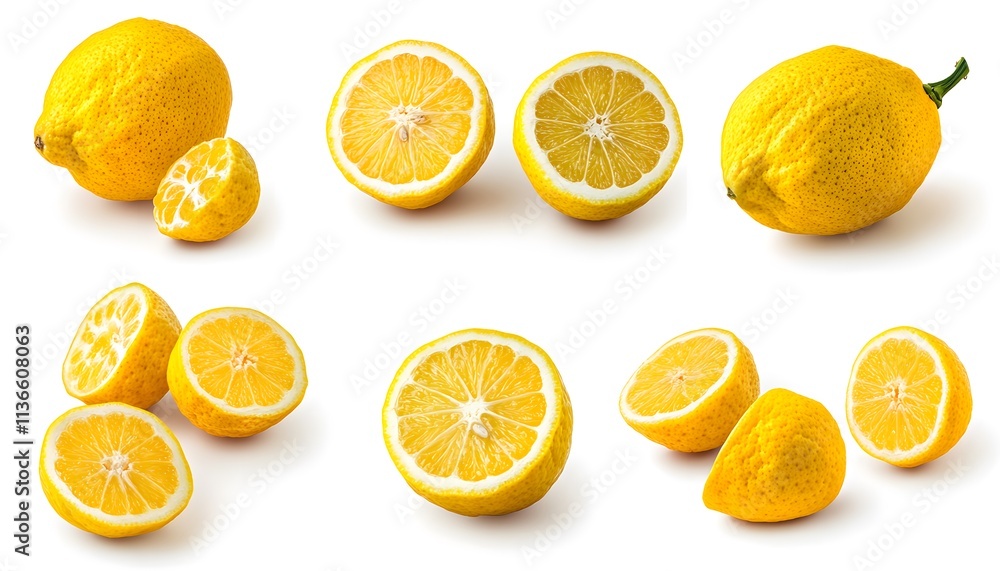 A set of Yuzu fruit isolated on a white background. It includes whole,halved and slice, all with full depth of field. --ar 7:4 A set of Yuzu fruit isolated on a white background. It includes whole,halved and slice, all with full depth of field. --ar 7:4