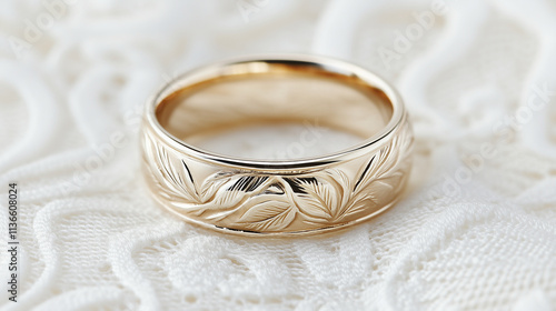 Close-up photograph of a delicate antique silver ring with a floral engraving, styled on a lace fabric background photo