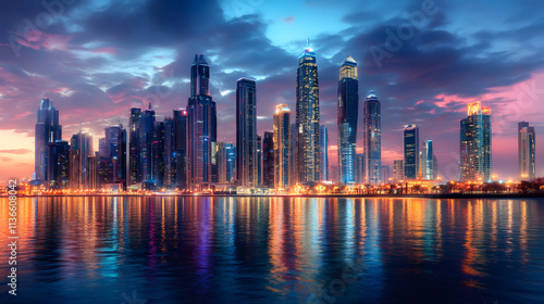 Modern skyscrapers reflecting in the water at sunset in dubai marina, united arab emirates, creating a vibrant and colorful cityscape