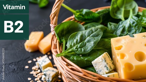 A vibrant basket filled with fresh spinach leaves, assorted cheeses, and oats, highlighting the nutritional benefits of Vitamin B2. photo