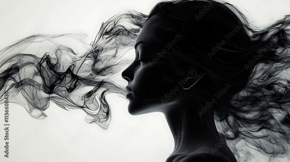 Fototapeta premium Ethereal woman breathing smoke abstract art studio profile view