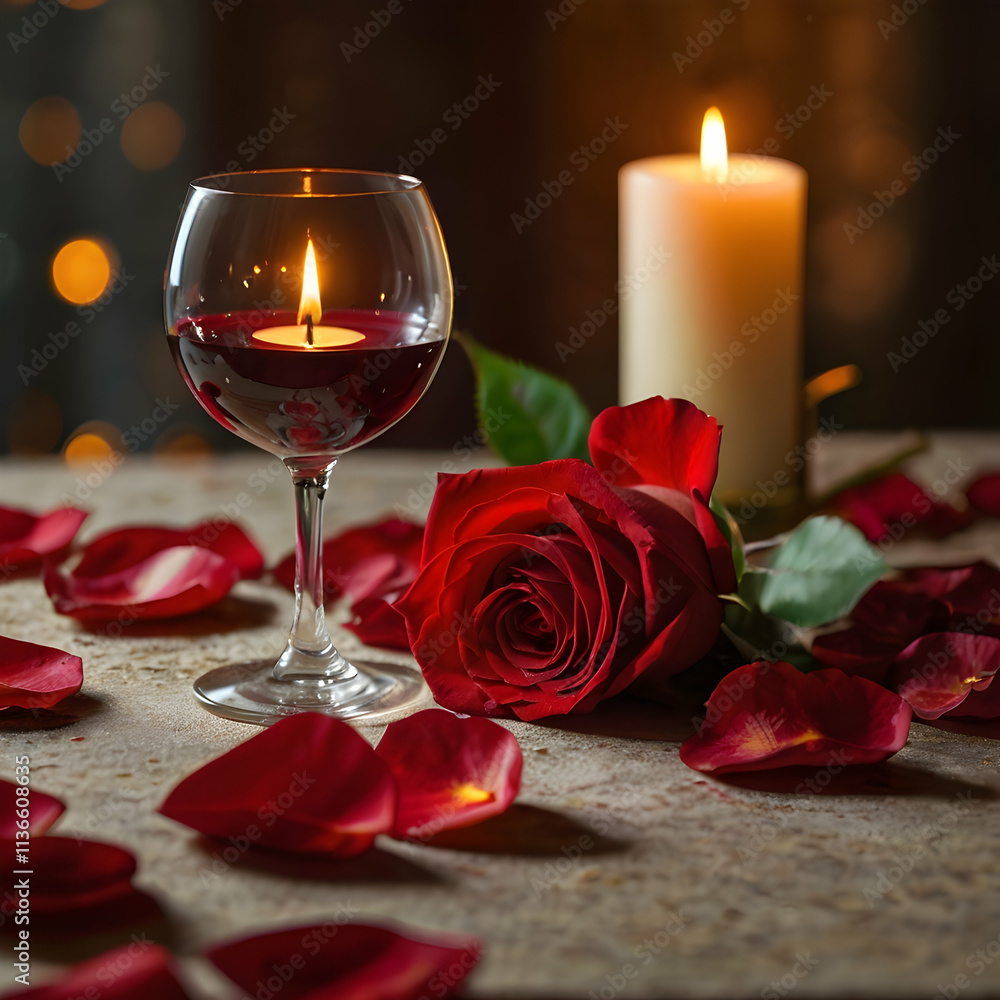 A stunning 3D render showcasing an intimate romantic scene with a crystal wine glass placed on a delicately crafted placemat. The placemat features vibrant stones and individual red roses, each cradli A stunning 3D render showcasing an intimate romantic scene with a crystal wine glass placed on a delicately crafted placemat. The placemat features vibrant stones and individual red roses, each cradli