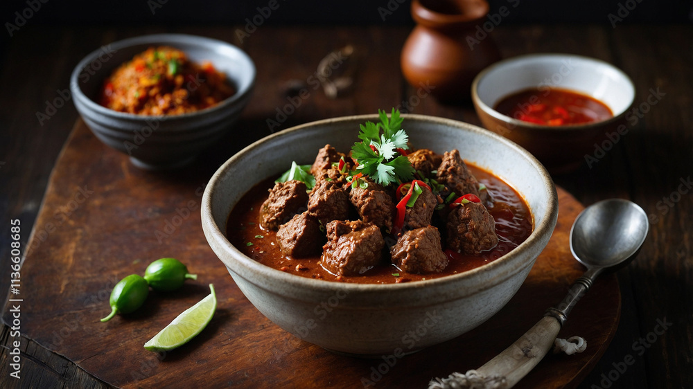 A delicious serving of Rendang, Indonesia’s famous slow-cooked beef stew. A delicious serving of Rendang, Indonesia’s famous slow-cooked beef stew.