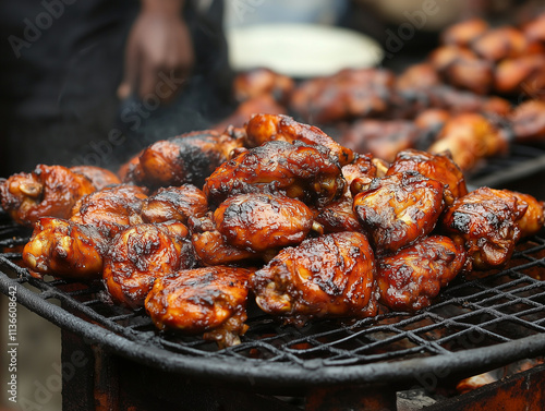 Honey buffalo chicken wings on grill photo