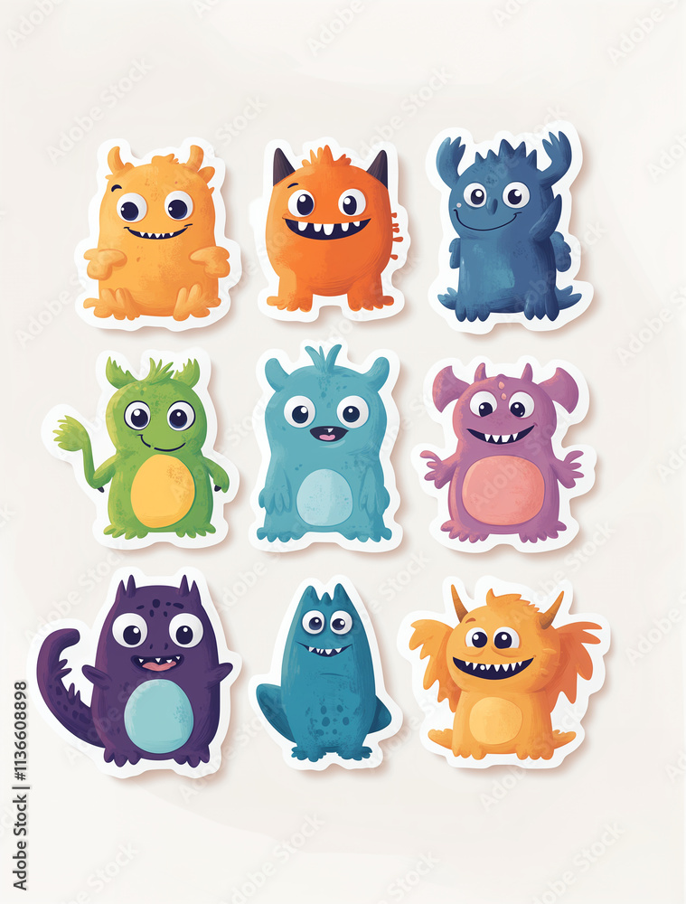 Obraz premium set of funny monsters, on a white background, watercolour illustration, cartoon character animal, idea for print t-shirt, poster and kids envelope, postcard. Hand drawn style