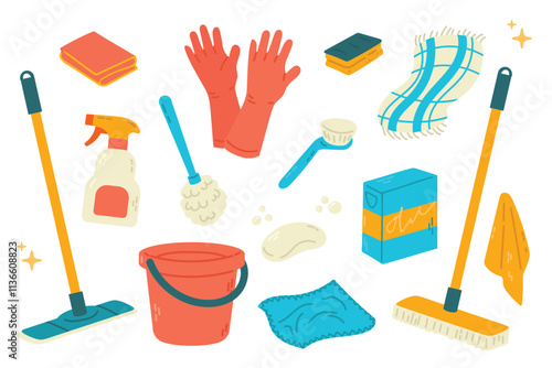 Set of cleaning tools. Vector illustration in flat style. Cleaning equipment.