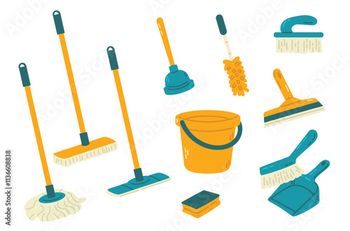 Cleaning tools icons set. Cleaning service vector illustration. Mop, broom, bucket