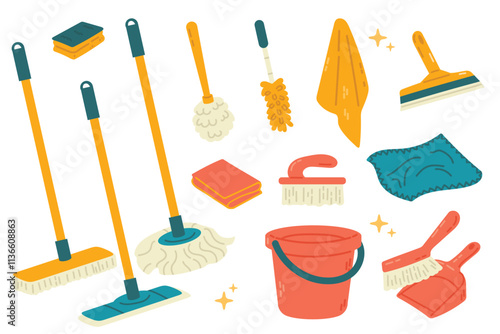 Cleaning tools. Mop, broom, bucket. Vector illustration.