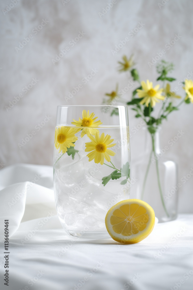 Lemon Water Infused with Lemon Slices and Yellow Flowers Lemon Water Infused with Lemon Slices and Yellow Flowers