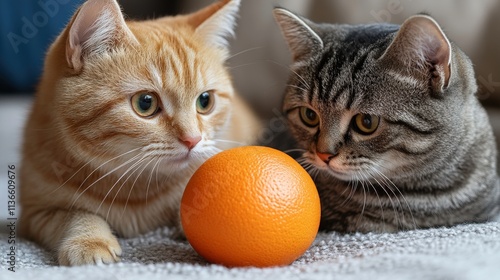 Two Curious Cats Observing a Bright Orange Ball in a Cozy Indoor Setting with Soft Textiles, Capturing the Playful Interaction between Feline Friends photo