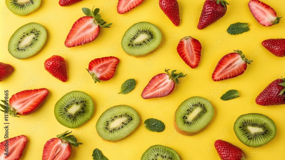 A vibrant yellow background with juicy red strawberries and sliced kiwi fruit, a refreshing summery scene. A vibrant yellow background with juicy red strawberries and sliced kiwi fruit, a refreshing summery scene.