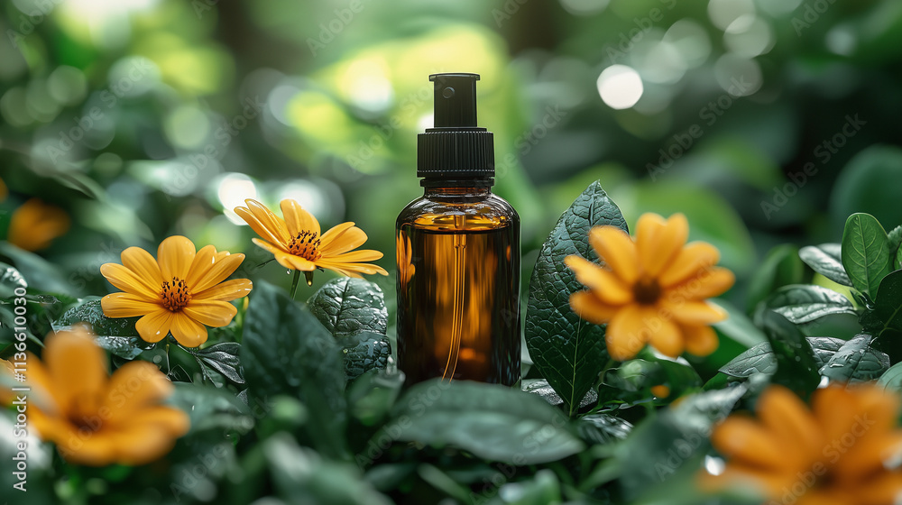 A bottle of vitamin D spray or liquid surrounded by green leaves and bright yellow flowers, A bottle of vitamin D spray or liquid surrounded by green leaves and bright yellow flowers,