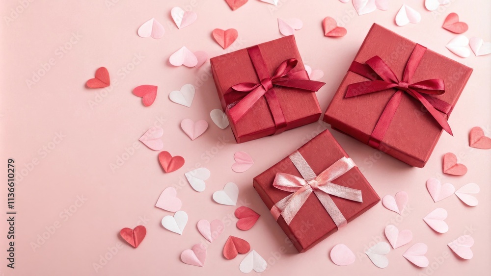 Red Gift Boxes Decorated With Satin Ribbons Surrounded by Delicate Pink Hearts on a Light Pink Background Red Gift Boxes Decorated With Satin Ribbons Surrounded by Delicate Pink Hearts on a Light Pink Background