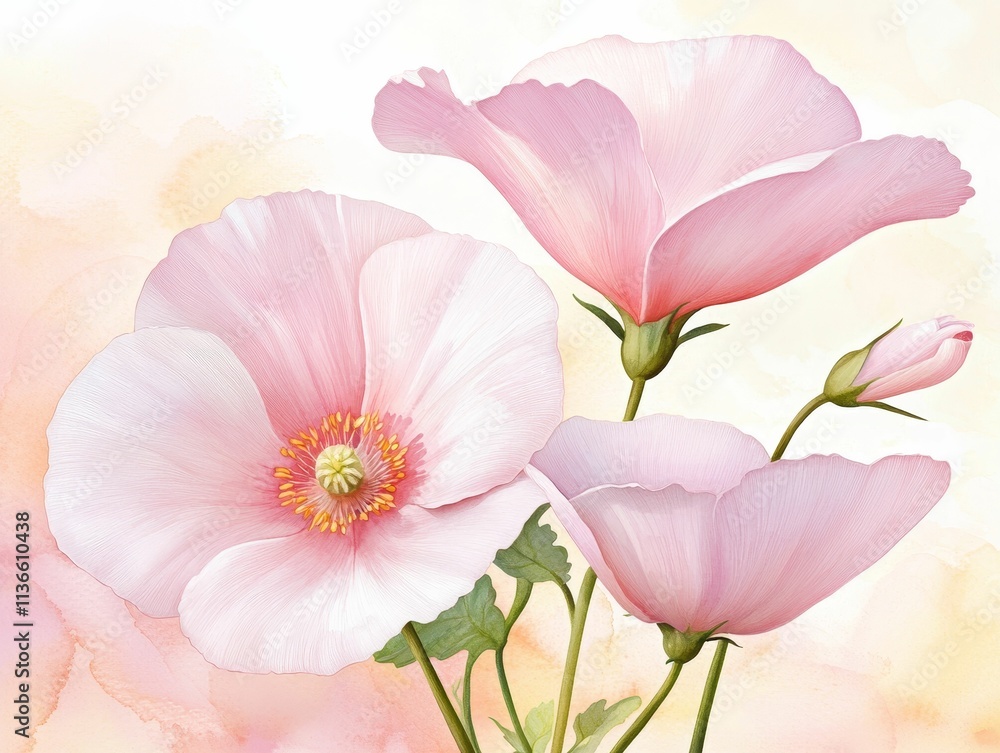 Fototapeta premium valentine watercolor flowers charming concept, A delicate arrangement of pink flowers, featuring soft petals and gentle hues, set against a light, dreamy background.