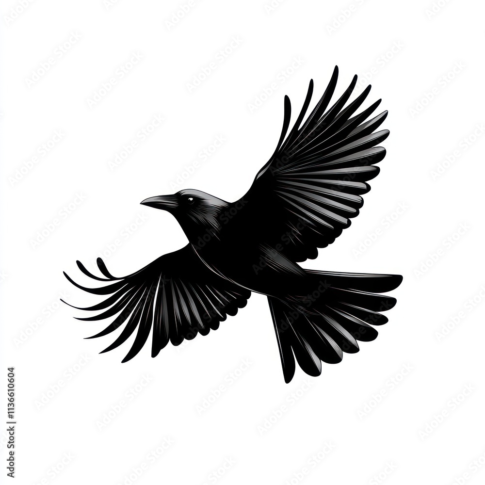 Fototapeta premium Black crow in flight, isolated on white background.