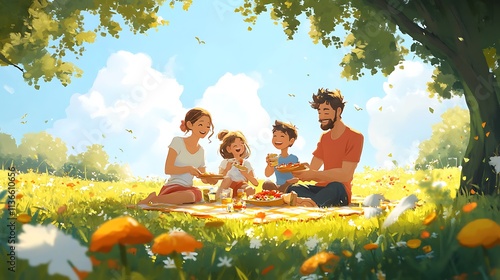 A family having a picnic in a sunny meadow, sharing food and laughter 