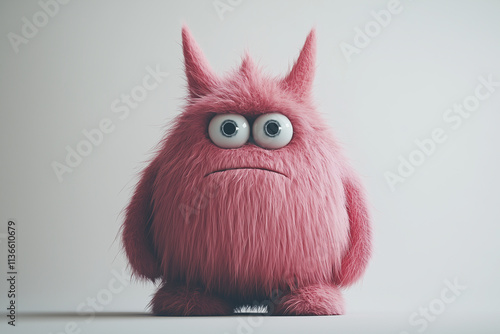 fatty sad pink monster toy with tufted fur and horns
