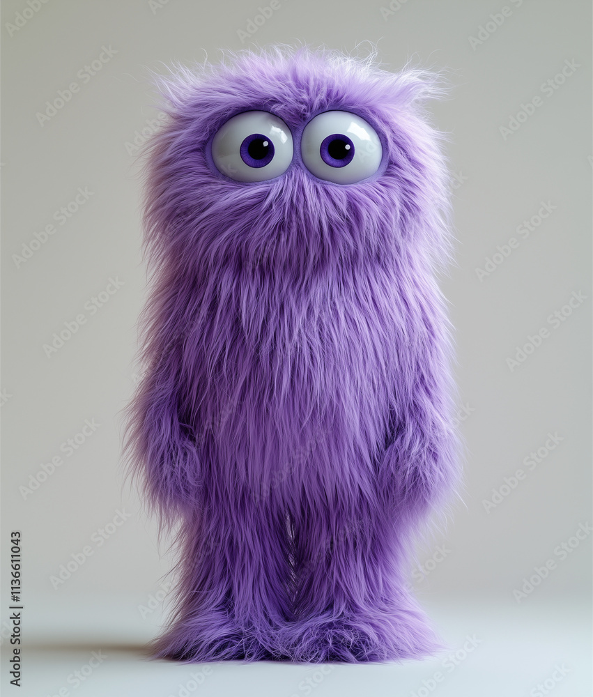 scared violet Bigfoot with violet tufted fur and big eyes. Team Mascot