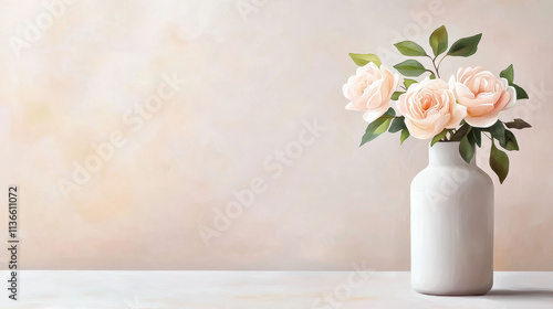 Wallpaper Mural valentine watercolor flowers charming concept, A serene arrangement of soft pink roses in a simple white vase, set against a light, neutral background, creating a tranquil ambiance. Torontodigital.ca