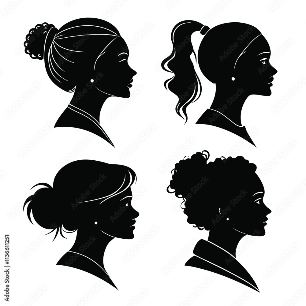 A black and white drawing of four women with different hairstyles. The women are all wearing headbands A black and white drawing of four women with different hairstyles. The women are all wearing headbands