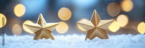 Two Golden Christmas Star Decorations On Snow With Sparkling Bokeh Lights, Holiday Background photo