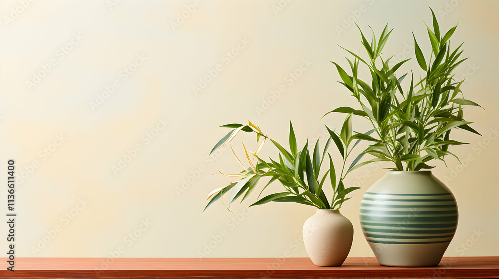 Serene minimalist still life featuring two ceramic vases holding vibrant green foliage against a calm beige backdrop. Perfect for home decor, interior design, and wellness themes. Serene minimalist still life featuring two ceramic vases holding vibrant green foliage against a calm beige backdrop. Perfect for home decor, interior design, and wellness themes.