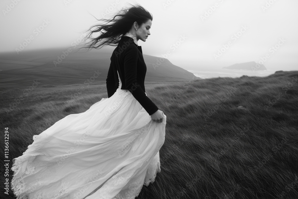 Drangarnir rocks at Faroe Islands, Europe. Brunette Bride with dramatic view, wind in her long dark hair