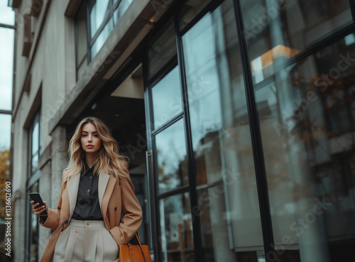 Blonde young pretty woman with long hair in casual stylish suit holding phone near business centre with huge windows 