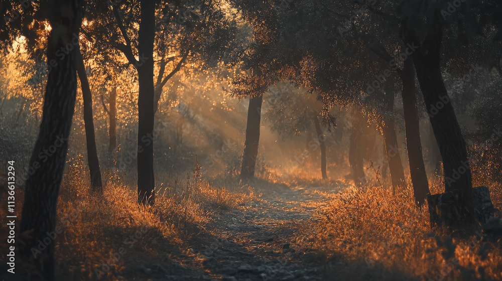 A serene forest path illuminated by soft sunlight filtering through the trees. A serene forest path illuminated by soft sunlight filtering through the trees.