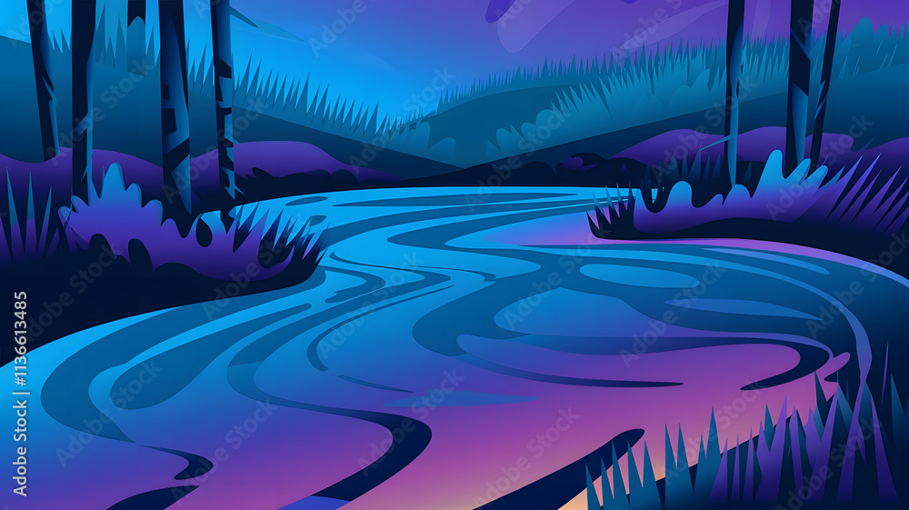 Fototapeta premium An abstract illustration of a lake with swirling blue and purple patterns.