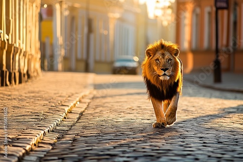 Lion wandering through an empty city street at dawn. photo