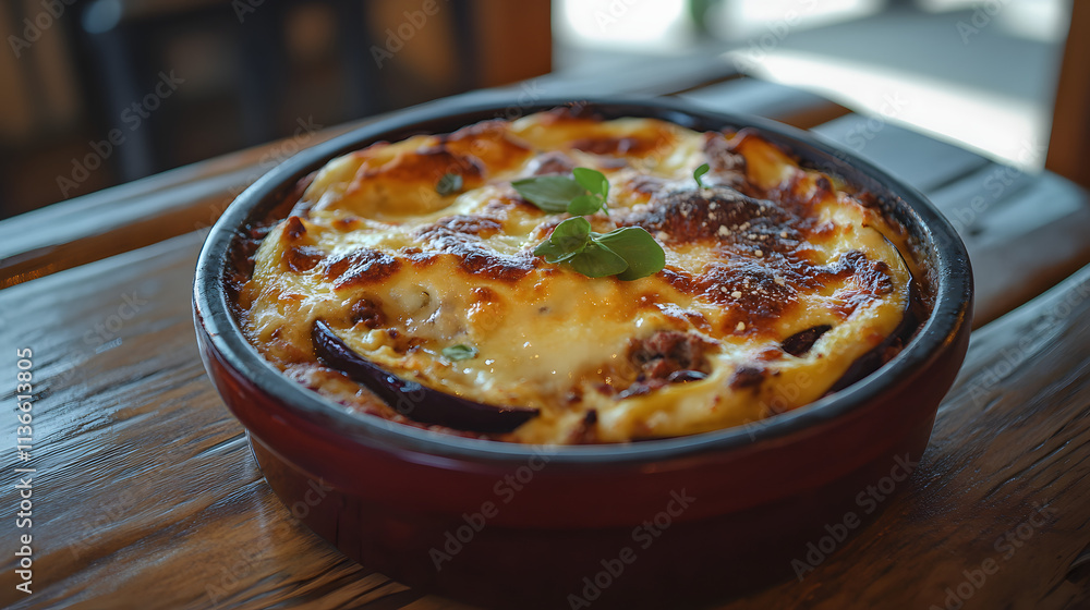 A Captivating Close-Up of Traditional Bulgarian Mousaka on a Rustic Setting, Highlighting Ingredients and Culinary Artistry A Captivating Close-Up of Traditional Bulgarian Mousaka on a Rustic Setting, Highlighting Ingredients and Culinary Artistry