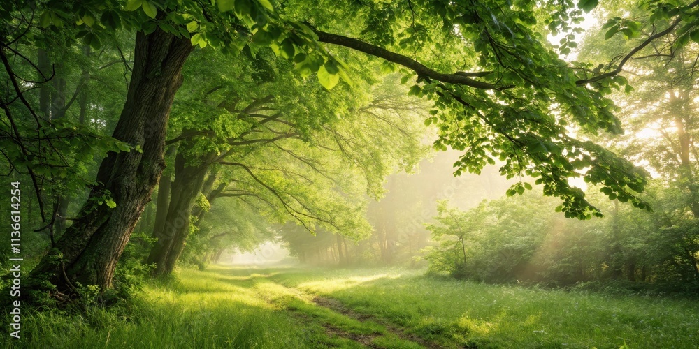Naklejka premium Sunbeams filtering through a canopy of green leaves, illuminating a path leading into a misty forest.